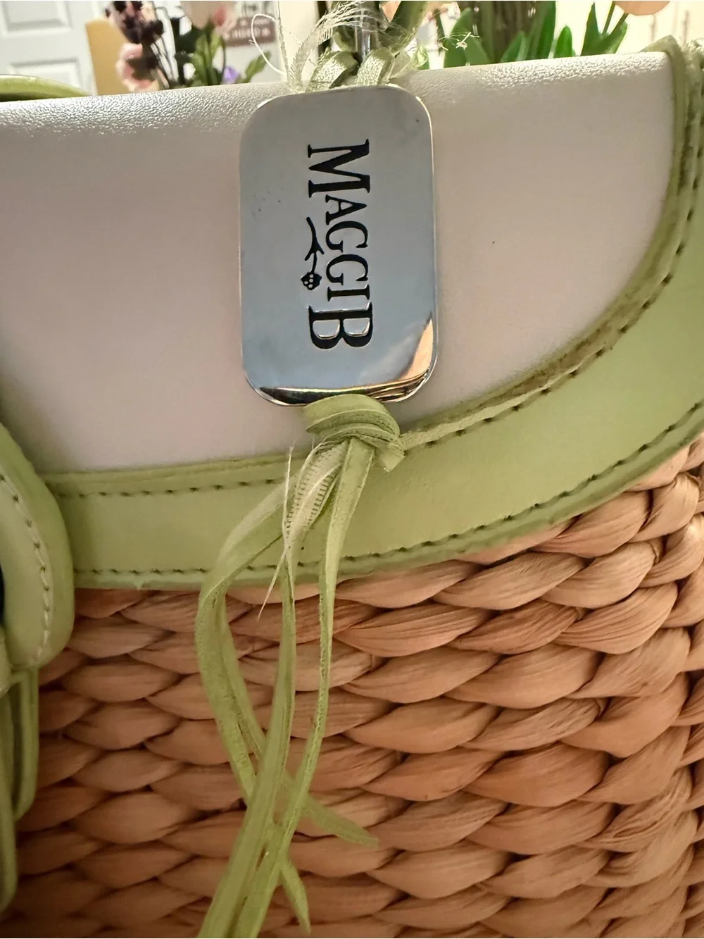 🌷NEW🌷Woven Straw Satchel with Green Trim and Floral Scarf (optional)